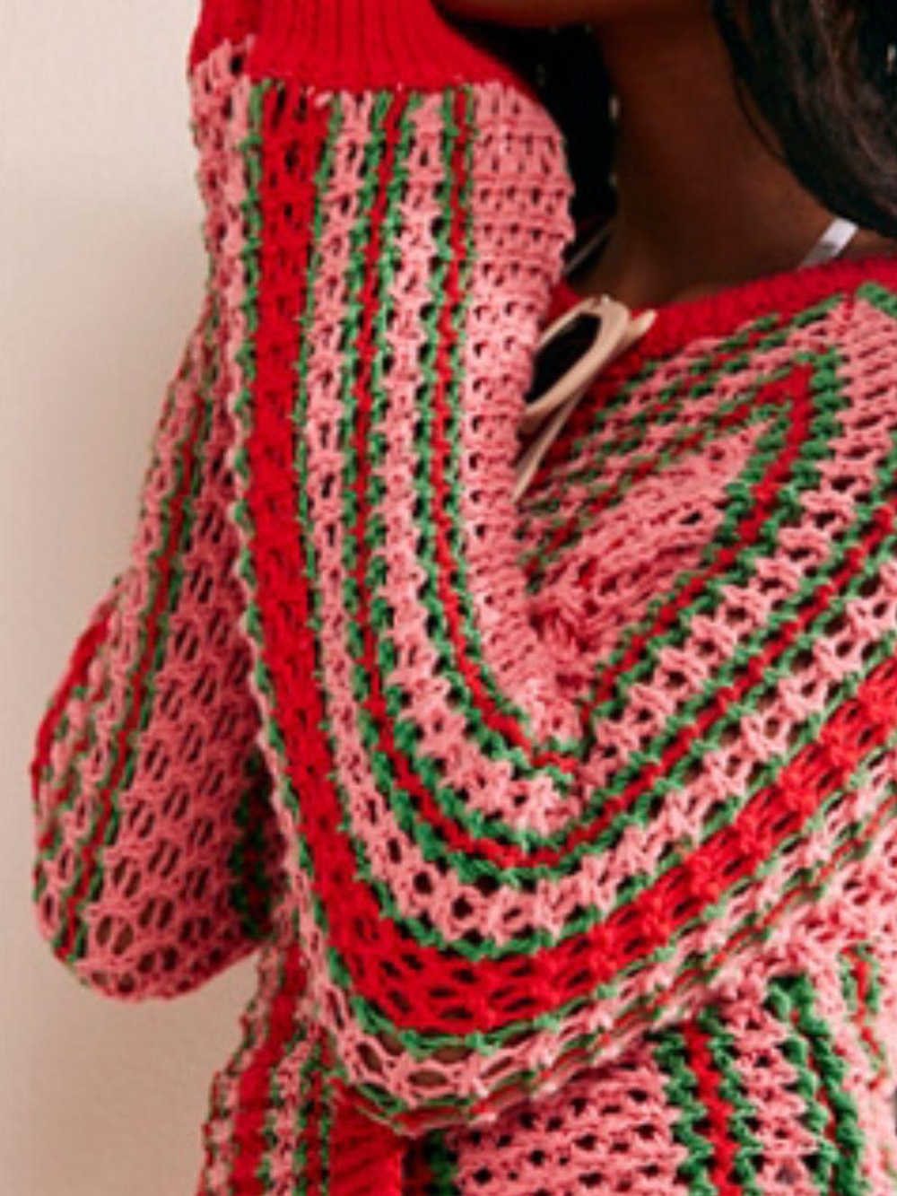 Free People Pink, Red & Green Crochet Scoop Neck Sweater